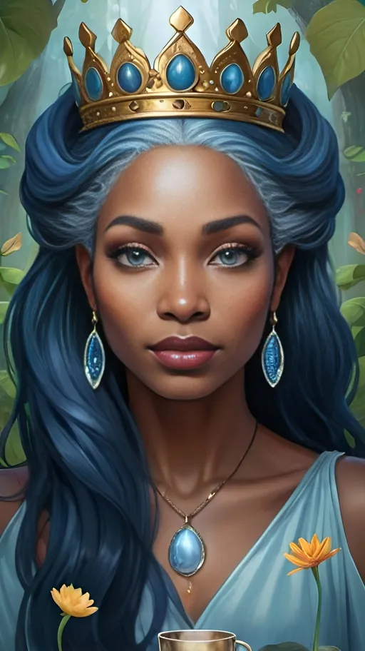 Prompt: In a secluded forest clearing, a mystical Black woman with flowing blue hair stands tall, embodying the essence of the Queen of Cups from the tarot deck. Her eyes, deep pools of wisdom and compassion, gaze out serenely as she holds a shimmering chalice filled with water. Surrounding her, nature thrives in vibrant hues, birdsong filling the air with a sense of tranquility. As the Queen of Cups, she exudes emotional depth, nurturing love, and intuitive insight, a beacon of empathy and understanding in a world of enchantment and mystery.