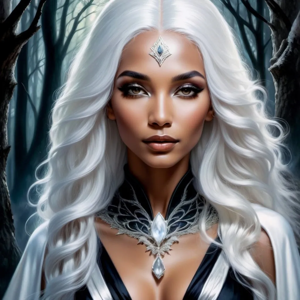 Prompt: Mystical high Priestess with striking gaze, flowing white hair, in a dark forest, detailed facial features, ethereal, oil painting, elegant, high quality, magical, detailed eyes, dark moody atmosphere, atmospheric lighting