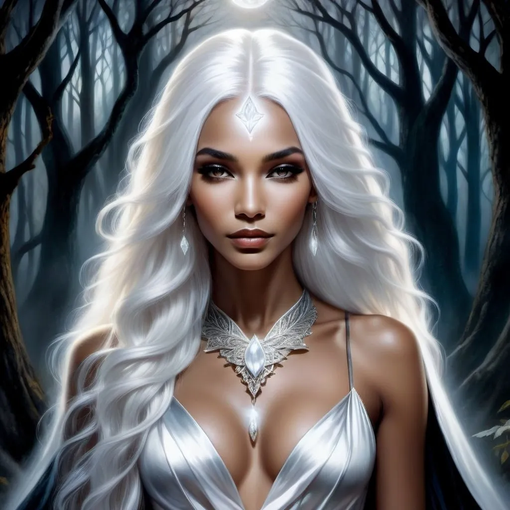Prompt: Mystical high Priestess with striking gaze, flowing white hair, in a dark forest, detailed facial features, ethereal, oil painting, elegant, high quality, magical, detailed eyes, dark moody atmosphere, atmospheric lighting
