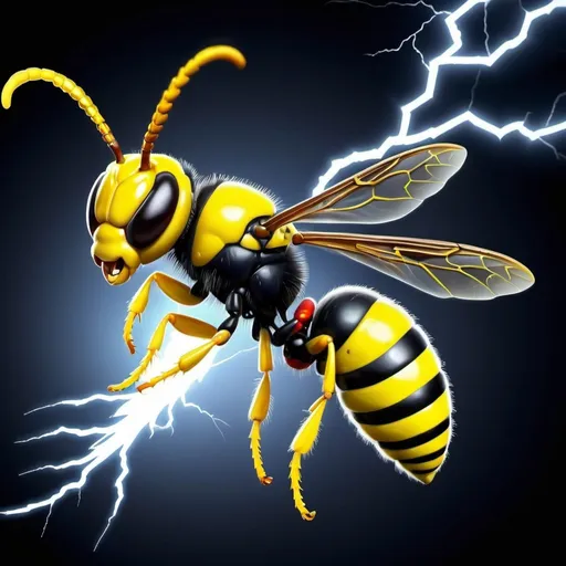 Prompt: an angry realistic yellow jacket wasp with electric powers, from a side view, with with white lightning bolts emanating out of the body, dark scene.