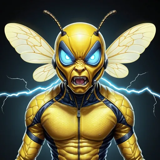 Prompt: an angry  yellow jacket with electric powers