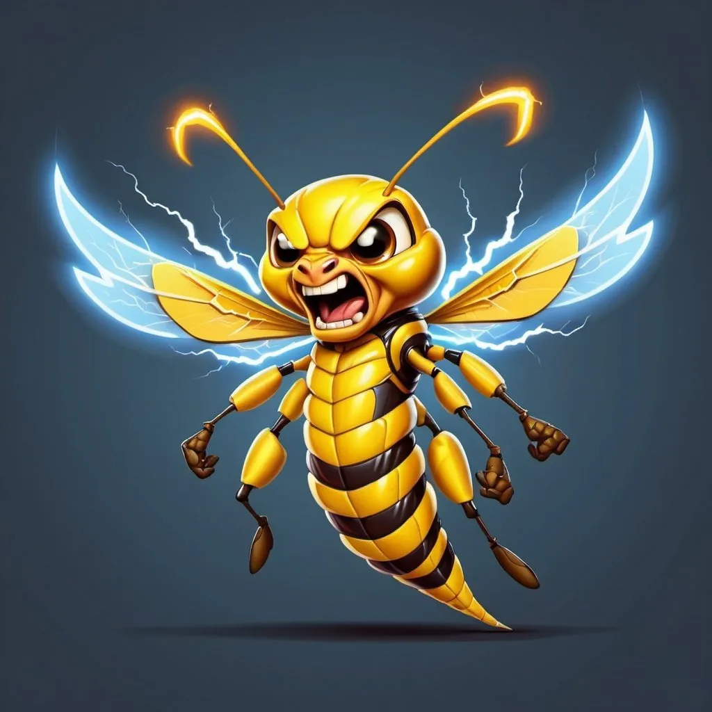 Prompt: an angry realistic cartoon yellow jacket with  lightning shooting from the wings side view