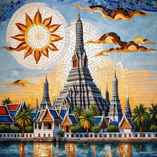 Prompt: Wat Arun mosaic in Cezanne style, tiles made from opal.