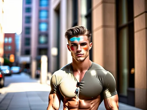 Prompt: Realistic male model, professional photoshoot, high definition, detailed facial features, sculpted physique, natural lighting, warm tones, sleek and modern fashion, urban background, professional photography, best quality, highres, ultra-detailed, realism, detailed facial, sculpted physique, natural lighting, professional, warm tones, modern fashion, urban background