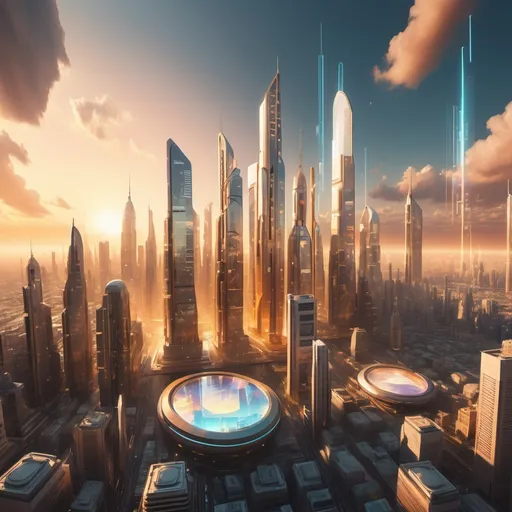 Prompt: Generate an image of a futuristic city skyline with towering skyscrapers, bathed in a warm golden glow from the setting sun, and adorned with holographic advertisements floating in mid-air