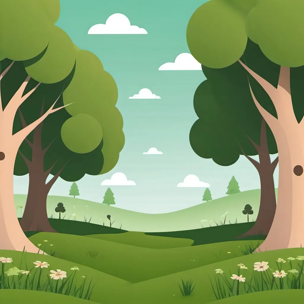 Prompt: Cute meadow with 2 trees in the front and 3 trees in the background, without any animals. Please use up to 10 colors without shadings. Make the image flat not 3d. 