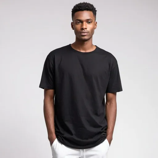 Prompt: Male slim black model wearing crew neck black medium oversized tshirt which length is in average size , with white background 