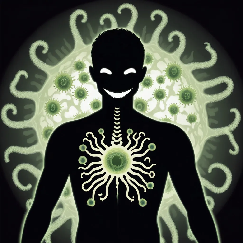 Prompt: A ghostly smiling human shadow with a biological virus pattern in the center of its chest.