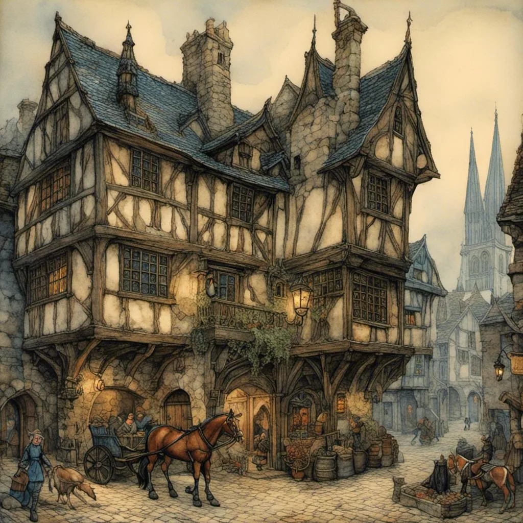 Prompt: <mymodel>Warhammer fantasy RPG style town hall in the middle of a square, medieval architecture, towering spires, weathered stone walls, intricate gothic details, bustling marketplace, high resolution, detailed, dark fantasy, atmospheric lighting, foggy ambiance, gothic, medieval, detailed stonework, bustling, mysterious, ominous lighting, rider on a horse, dark blue tones, rainy, heavy rain