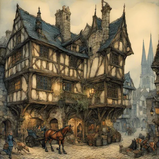 Prompt: <mymodel>Warhammer fantasy RPG style town hall in the middle of a square, medieval architecture, towering spires, weathered stone walls, intricate gothic details, bustling marketplace, high resolution, detailed, dark fantasy, atmospheric lighting, foggy ambiance, gothic, medieval, detailed stonework, bustling, mysterious, ominous lighting, rider on a horse, dark blue tones, rainy, heavy rain