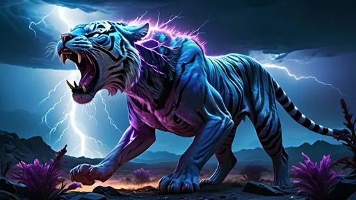 Prompt: Alien saber tooth tiger creatures feeding on lightning energy, a planet in a distant galaxy, vibrant and electric blue and purple tones, dramatic high-contrast lighting, surreal and mystical atmosphere, alien flora and fauna, stormy skies with frequent lightning bolts, ethereal landscape with unusual terrain, distant alien cities glowing, ultra-detailed, 4K, breathtaking cosmic scenery, fantasy concept art masterpiece, trending on ArtStation.