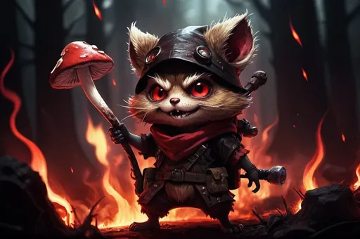 Prompt: teemo throwing mushrooms, dark fantasy illustration, fiery red and black tones, hellish environment, detailed demonic features, intense and sinister gaze, menacing atmosphere, high quality, detailed fur, hellfire lighting