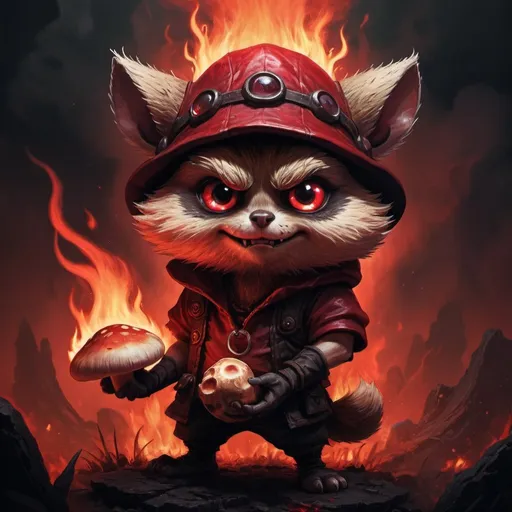 Prompt: teemo throwing mushrooms, dark fantasy illustration, fiery red and black tones, hellish environment, detailed demonic features, intense and sinister gaze, menacing atmosphere, high quality, detailed fur, hellfire lighting