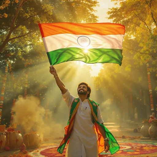 Prompt: 15 August Independence Day of India so make it like independence make in proper way proper way I have one flag in my hand on my hand yeah like