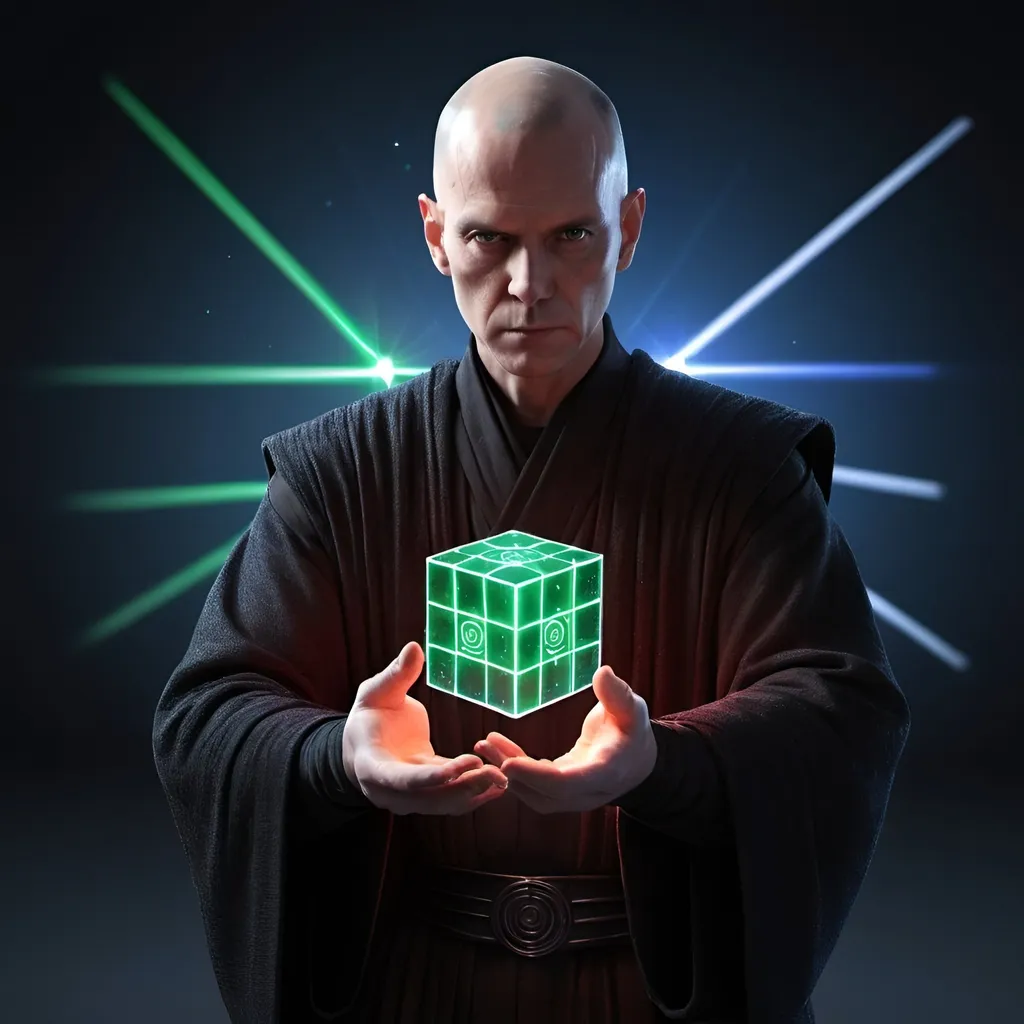 Prompt: Create an avatar image with a sith lord with a 3d cube and sparkles in the background. The sith lord is bald, strong and is holding the 3d holocube in  his hands. Put a lightsaber in one of his hands. In his other hand will be the cube. The cube must be looking like it is from a 3d software, from glowing lines.  One of the side of the cube is green, other is red, another is blue. He holds the cube in front of his face.