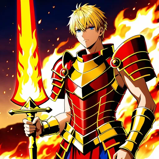 Prompt: Gilgamesh from Fate,red and gold armor,holding a sword made of fire