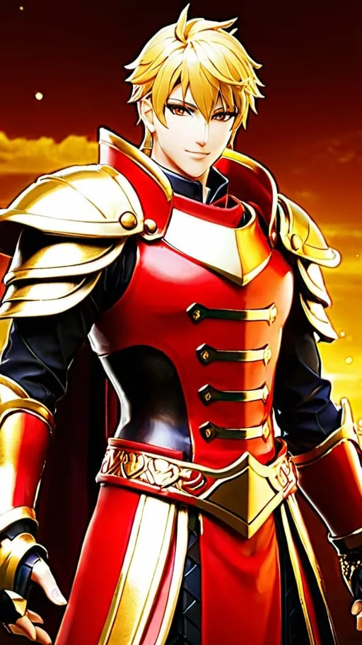 Prompt: Gilgamesh from Fate,red and gold armor,