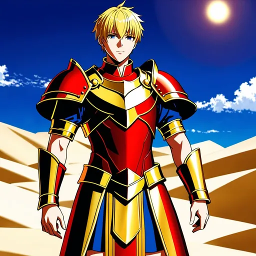 Prompt: Gilgamesh from Fate,red and gold armor,