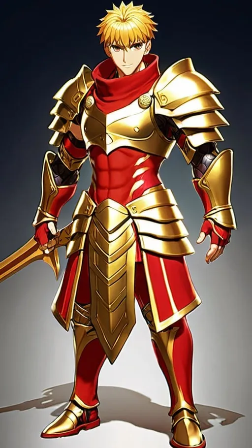 Prompt: Gilgamesh from Fate,red and gold armor,