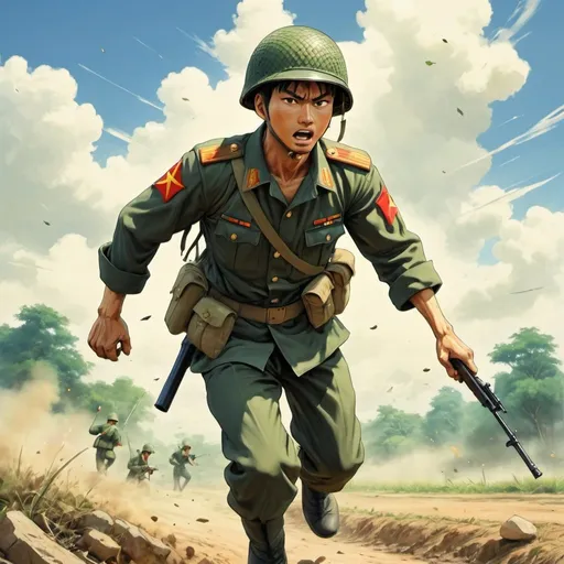 Prompt: Anime, Vietnamese souther soldier, stepping in battlefield 