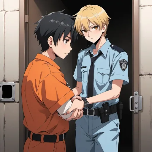 Prompt: Anime boy, 17 years old, prison clothes, being arrested by a warden, being handcuffed 