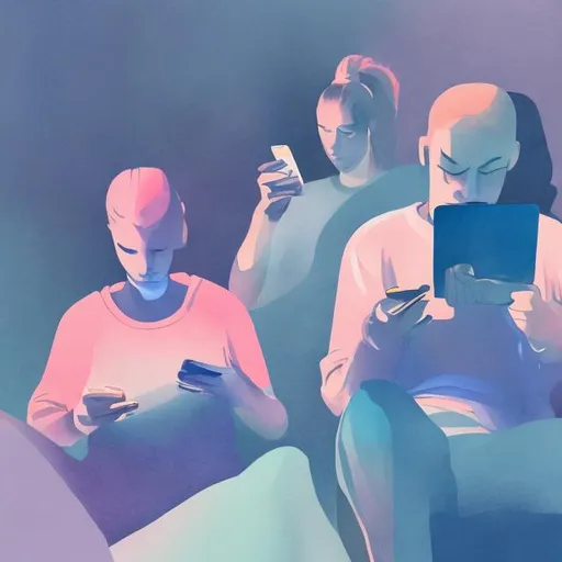 Prompt: aquarel of people addicted on their phones in dark blue and light pink colors

