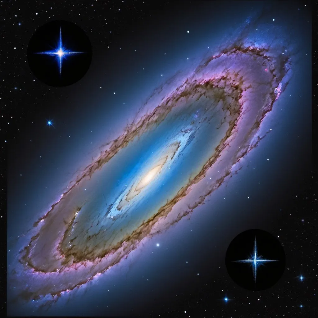 Prompt: a very large and colorful galaxy in the sky with stars around it and a black background with a blue star, Derek Chittock, space art, galaxy, a microscopic photo