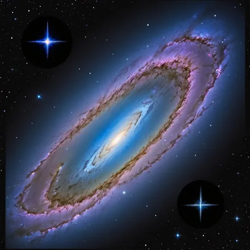 Prompt: a very large and colorful galaxy in the sky with stars around it and a black background with a blue star, Derek Chittock, space art, galaxy, a microscopic photo