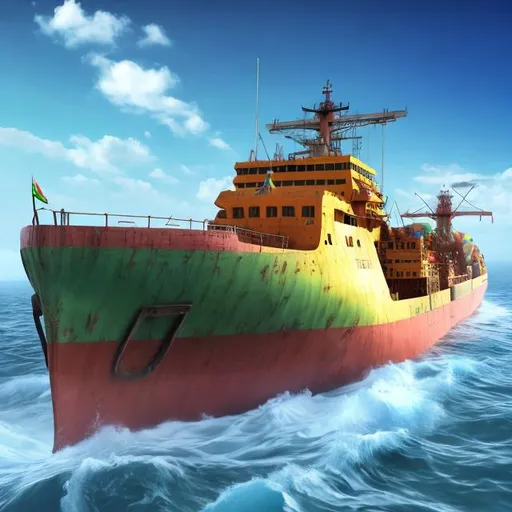 Prompt: Ethiopian ship on the sea, loading containers, realistic digital art, detailed waves with foam, clear blue sky, vibrant colors, high quality, realistic, detailed, oceanic, cargo ship, container loading, Ethiopian flag, sunny day, professional painting, realistic lighting