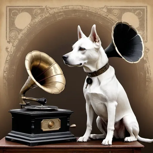 Prompt: A white dog with a black patch over one eye sits attentively in front of an old-fashioned gramophone. The gramophone has a large brass horn, and the dog appears to be listening to the sound coming from it. The background features an abstract, textured pattern with swirling lines and earthy tones. The image is signed tadi 2006 in the bottom left corner.