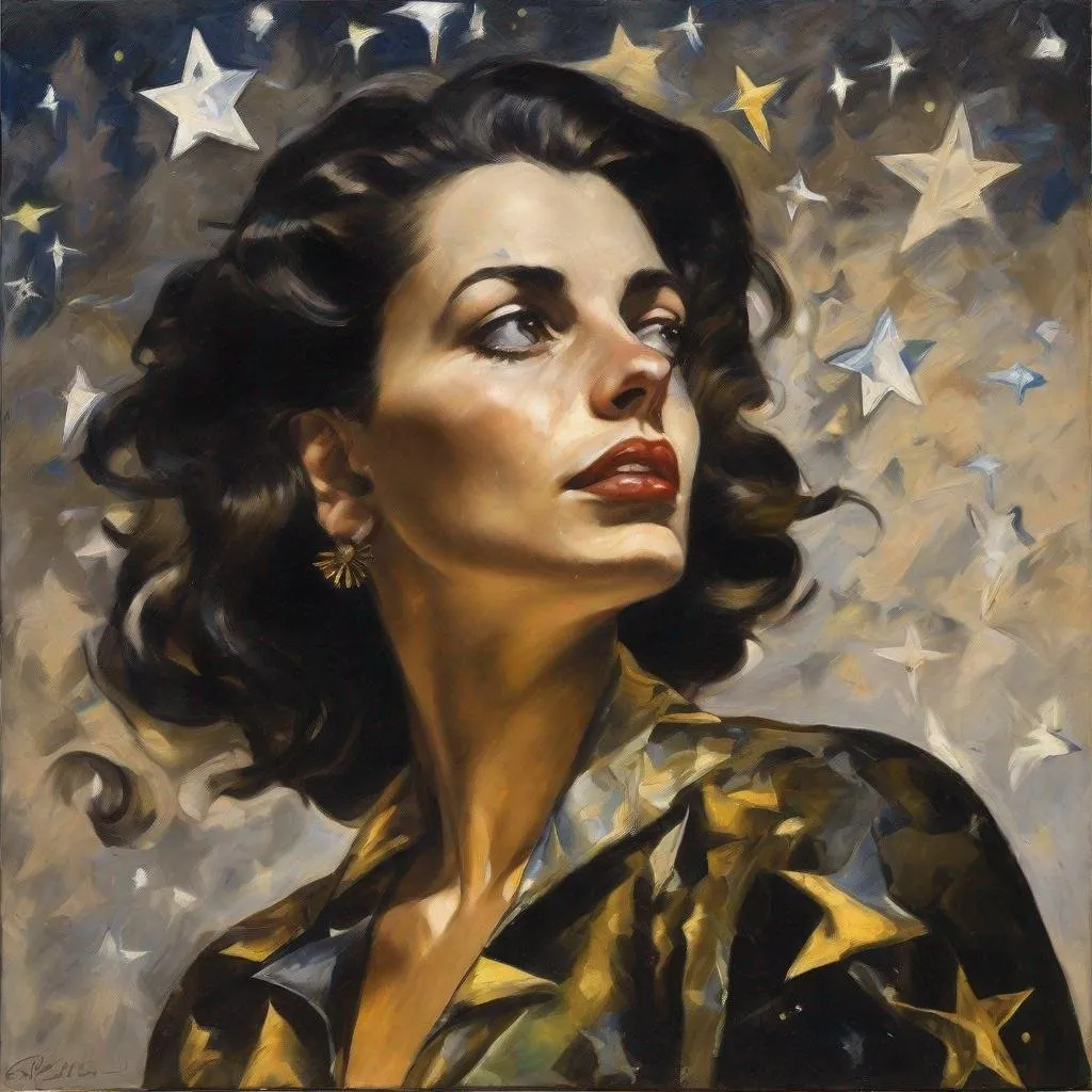 Prompt: Guttuso era portrait of a woman, oil painting, luxurious clothing. Profile transparent  woman made only of stars, shining in the dark