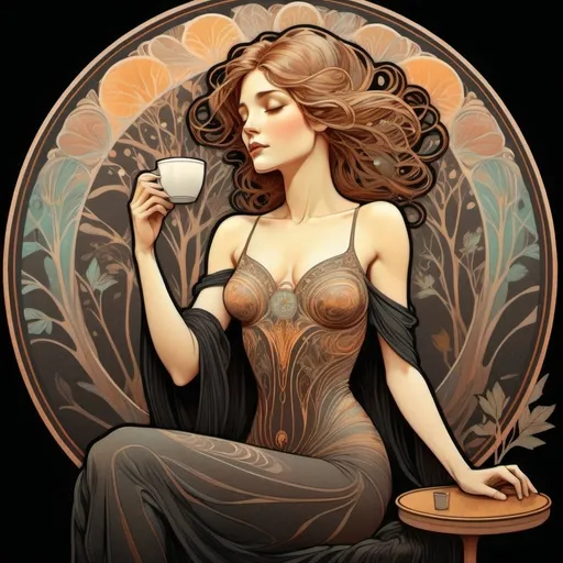 Prompt: Alphonse Mucha Style, art nouveau illustration of a full body woman, thick lines, intricate details, beautiful colors,black background ,  tree in a coffee shop, low-fidelity dreamy aesthetic, flare, low quality, analog photography three friends in a coffee shop, light painted black background, minimalist and elegant design