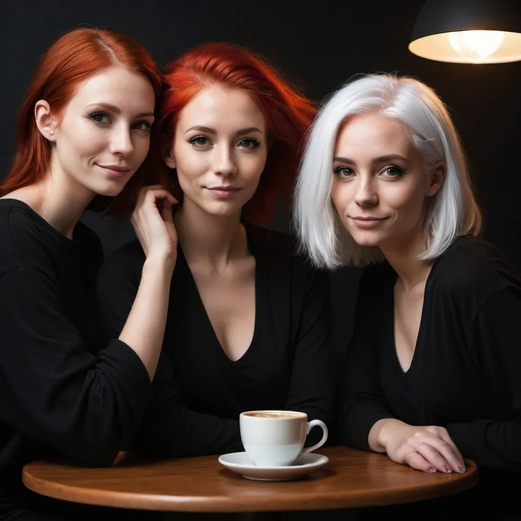 Prompt: black background,  three friends in a coffee shop, woman with red hair, woman with white hair, uomo senza capelli , light painted black background, minimalist and elegant design