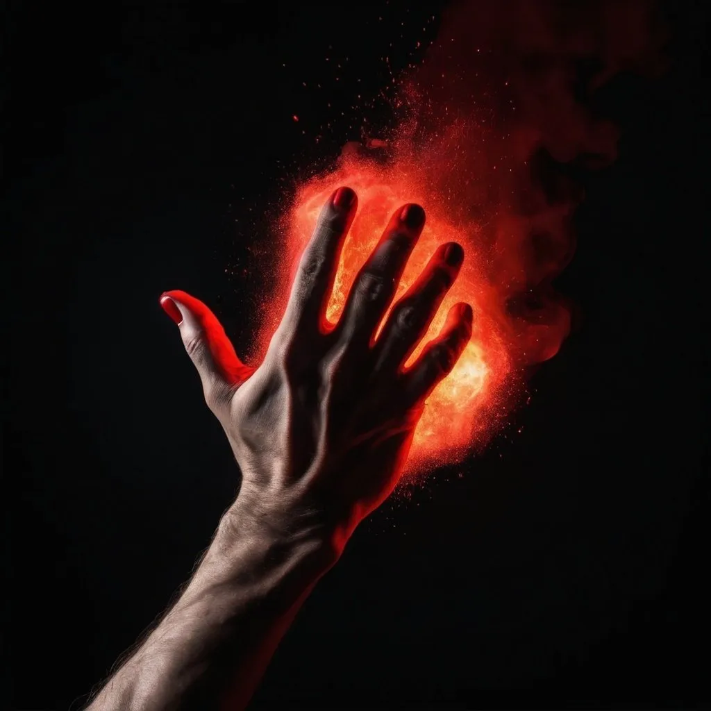 Prompt: black background ,  creazione del primo uomo con l'indice del Creatore che esplode nel buio una scintilla rosso fuoco al contatto con la mano di Adamo., sullo sfondo nero della  notte dei tempi