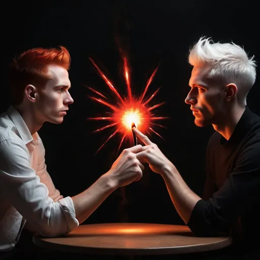 Prompt: black background, creation of the first man with the index finger of the Creator exploding in the darkness a fiery red spark upon contact with Adam's hand., on the black background of the mists of time, three friends in a coffee shop, friend with red hair, friend with white hair, light painted black background, minimalist and elegant design