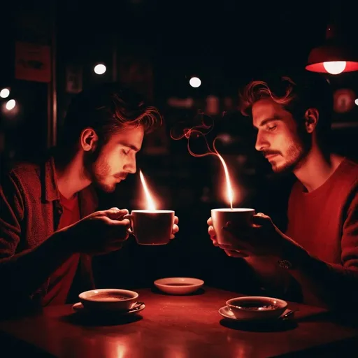 Prompt: black background , creazione del primo uomo con l'indice del Creatore che esplode nel buio una scintilla rosso fuoco al contatto con la mano di Adamo., sullo sfondo nero della notte dei tempi, couple in a coffee shop, low-fidelity dreamy aesthetic, flare, low quality, analog photography