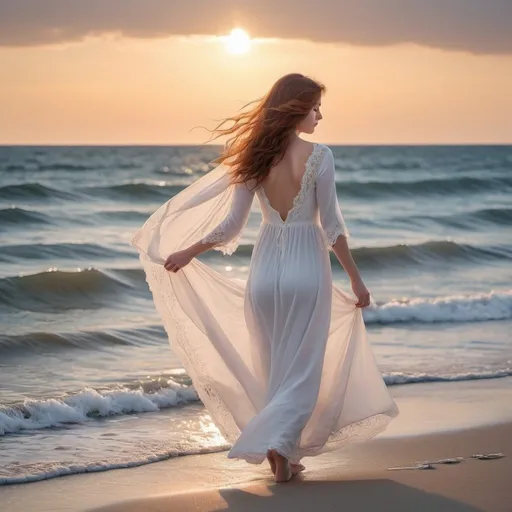 Prompt: A young woman with auburn hair, wearing a stylish white dress adorned with delicate lace and a flowing veil. She stands on a seashore, her bare feet digging into the soft, white sand as she gazes out at the vast expanse of the ocean. The water laps gently against the shore, creating gentle ripples that caress her ankles. The sky above is a vivid shade of blue, dotted with a few fluffy clouds, and the sun hangs low in the horizon, casting a warm, golden light over the scene. In the distance, a few sailboats can be seen bobbing on the water, their sails billowing in the breeze. A few seagulls fly overhead, their cries echoing across the water and through the air. The woman's expression is serene and content, her eyes filled with a sense of wonder and awe as she takes in the beauty of her surroundings. The image is framed by a light pink border, adding a touch of romance and elegance to the scene.