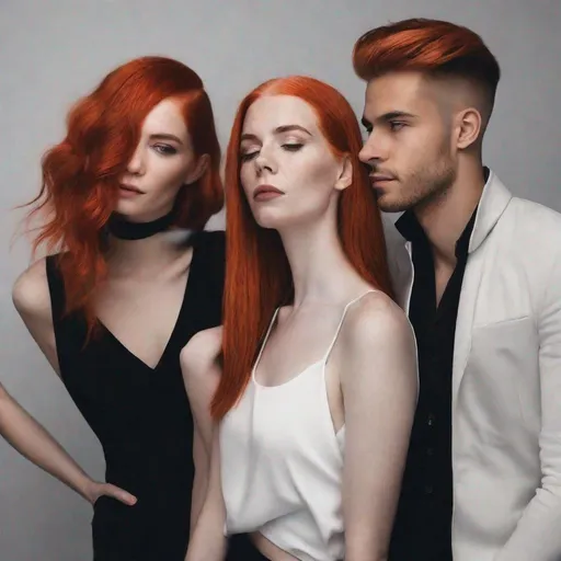 Prompt:  black background,  three friends in a coffee shop, woman with red hair, woman with white hair, man without hair , light painted black background, minimalist and elegant design,portrait of a woman, luxurious clothing.