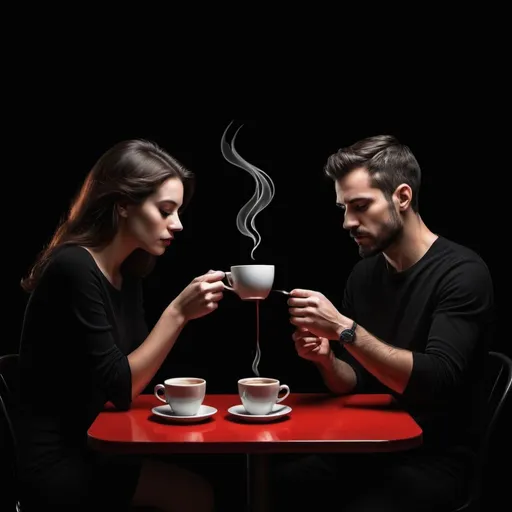 Prompt: black background , creazione del primo uomo con l'indice del Creatore che esplode nel buio una scintilla rosso fuoco al contatto con la mano di Adamo., sullo sfondo nero della notte dei tempi, couple in a coffee shop, light painted black background, minimalist and elegant design