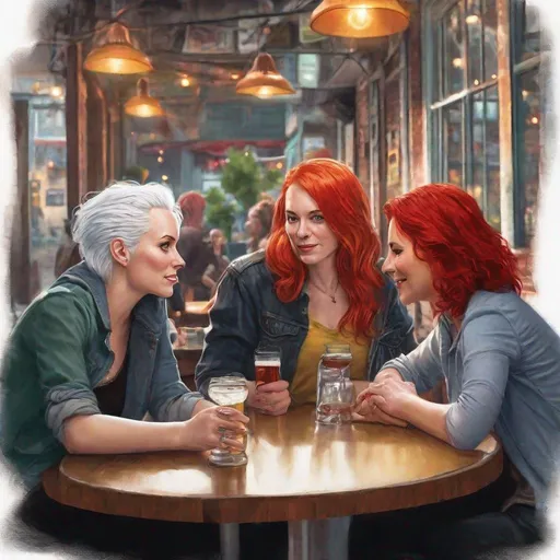 Prompt: Three close friends, all in their thirties, enjoy a leisurely afternoon at their favorite neighborhood bar. The two women, one with fiery red hair and the other with silvery white hair, are sitting on opposite sides of a round table, facing each other and absorbed in a deep conversation. They are wearing comfortable, casual clothing typical of a weekend outing: the woman with red hair sports a pair of faded jeans and a comfortable sweater, while the woman with white hair has opted for an elegant outfit with a skirt and blouse. 