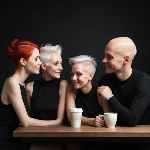 Prompt: black background,  three friends in a coffee shop, woman with red hair, woman with white hair, man without hair , light painted black background, minimalist and elegant design