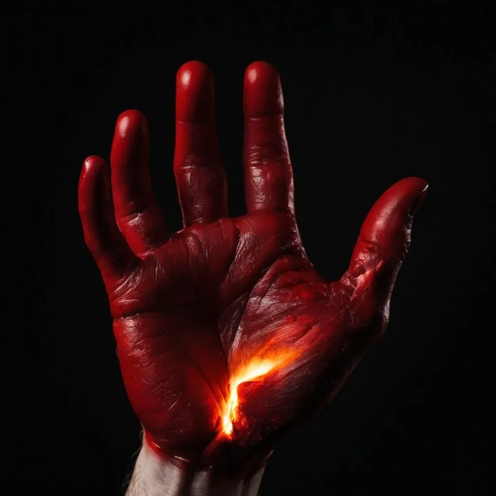 Prompt: black background ,  creazione del primo uomo con l'indice del Creatore che esplode nel buio una scintilla rosso fuoco al contatto con la mano di Adamo., sullo sfondo nero della  notte dei tempi