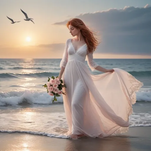 Prompt: A young woman with auburn hair, wearing an elegant white dress adorned with roses at the bottom, with delicate lace and a flowing veil. She stands on the seashore, her bare feet sinking into the soft white sand as she gazes out over the vast expanse of ocean. The water gently laps the shore, creating gentle ripples that caress her ankles. The sky above is a vivid shade of blue, dotted with a few fluffy clouds, and the sun is low on the horizon, casting a warm golden light over the scene. In the distance, a few sailboats can be seen floating on the water, their sails billowing in the breeze. A few seagulls fly overhead, their cries echoing in the water and air. The woman's expression is serene and content, her eyes filled with a sense of wonder and amazement as she admires the beauty of her surroundings. The image is framed with a light pink border, which adds a touch of romance and elegance to the scene.