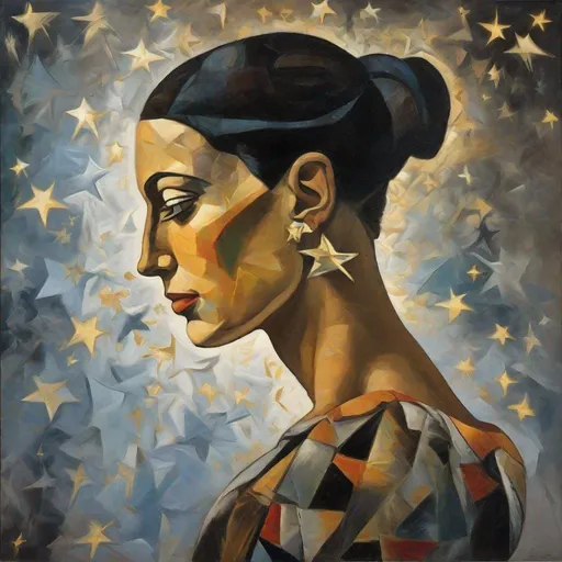 Prompt: Picasso era portrait of a woman, oil painting, luxurious clothing. Profile transparent  woman made only of stars, shining in the dark