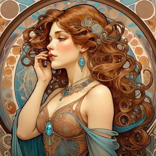 Prompt: 1man , jewelry, solo, necklace, realistic, brown_hair, earrings, long_hair, curly_hair, lips, blue_eyes, dress, upper_bodyphonse Mucha Style, art nouveau illustration of a full body woman, thick lines, intricate details, beautiful colors