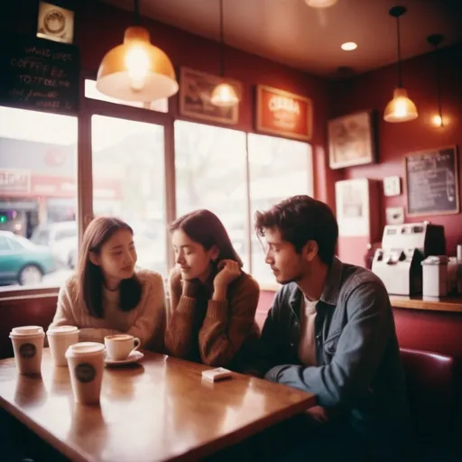 Prompt: Holga photography, couple in a coffee shop, low-fidelity dreamy aesthetic, flare, low quality, analog photography