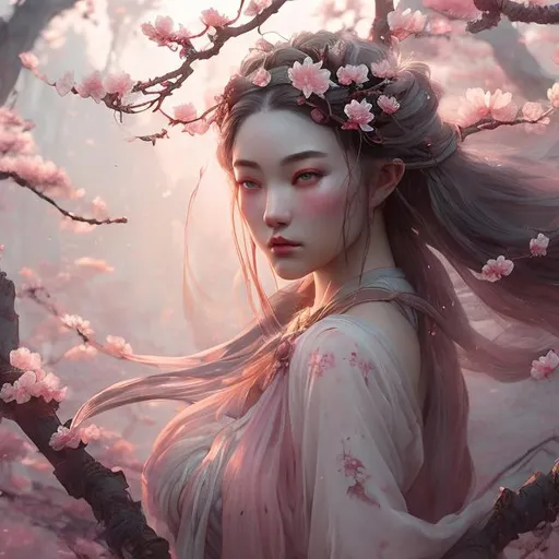 Prompt: A boatful blossom goddess, wearing a Chinese style veiling skirt, half body shot, cherry blossom scene, pink color palettes, watercolor painting, highly detailed, illustration, stunning, fantasy, unreal engine, cinematic lighting, mist, octane render, --ar 2:3 – style raw  --s 750 –image #3 @alextzj