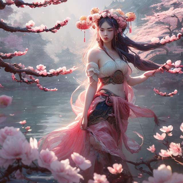 Prompt: A boatful blossom goddess, wearing a Chinese style veiling skirt, half body shot, cherry blossom scene, pink color palettes, watercolor painting, highly detailed, illustration, stunning, fantasy, unreal engine, cinematic lighting, mist, octane render, --ar 2:3 – style raw  --s 750 –image #3 @alextzj