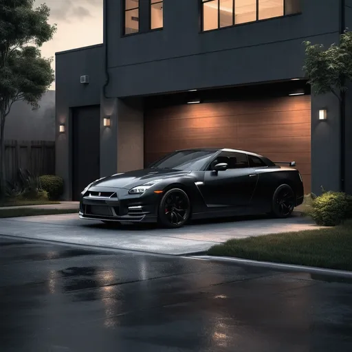 Prompt: (black Nissan GTR), parked on the roadside, adjacent to a building, (garage door open), revealing another black car inside, (urban setting), moody ambiance, cool tones, soft shadows, (details of pavement and grass), atmospheric lighting, high-quality resolution, (4K ultra-detailed), (realistic depth), capturing the essence of a quiet neighborhood scene.