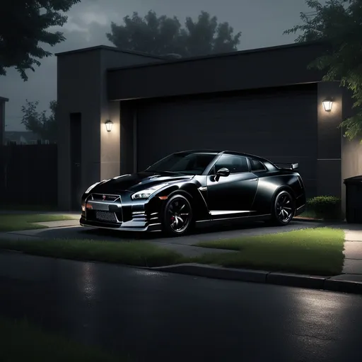 Prompt: (black Nissan GTR), parked on the roadside, adjacent to a building, (garage door open), revealing another black car inside, (urban setting), moody ambiance, cool tones, soft shadows, (details of pavement and grass), atmospheric lighting, high-quality resolution, (4K ultra-detailed), (realistic depth), capturing the essence of a quiet neighborhood scene.